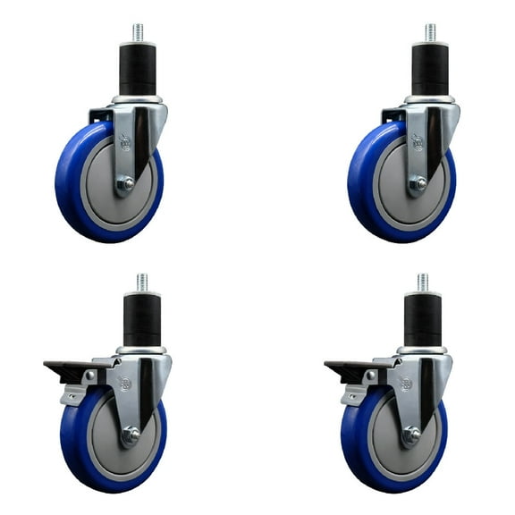 5 Inch Blue Poly Wheel Swivel 1-3/4 Inch Expanding Stem Caster Set 2 Brakes SCC