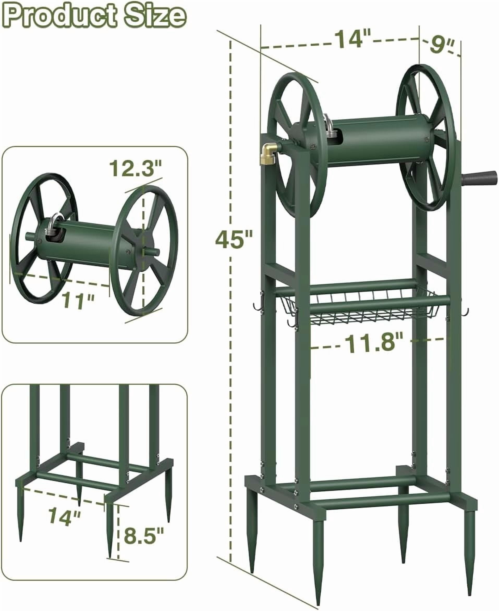 Freestanding Garden Hose Reel holds 125ft Hose of 5/8" with 4 Hooks, 4-Spike Outdoor Hose Holder with 3.9ft Leader Hose & Brass Fitting, Detachable Metal Hose Stand with Storage Rack, Green
