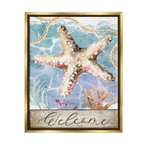 Stupell Aquatic Beach Welcome Starfish Landscape Painting Gold Floater Framed Art Print Wall Art