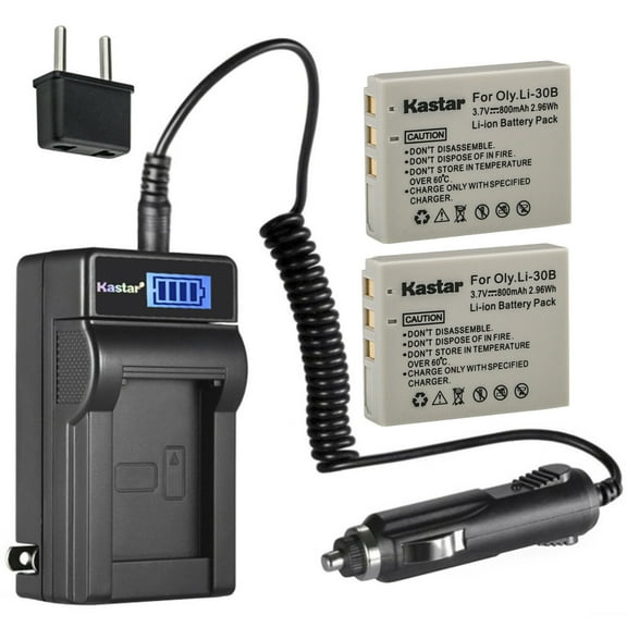 Kastar 2-Pack Li-30B Battery and LCD AC Charger Compatible with Olympus Li-30B Battery, Olympus Li-30C Charger, Olympus Stylus Verve Digital, Stylus Verve Digital S, µ-mini Digital, µ-mini Digital S