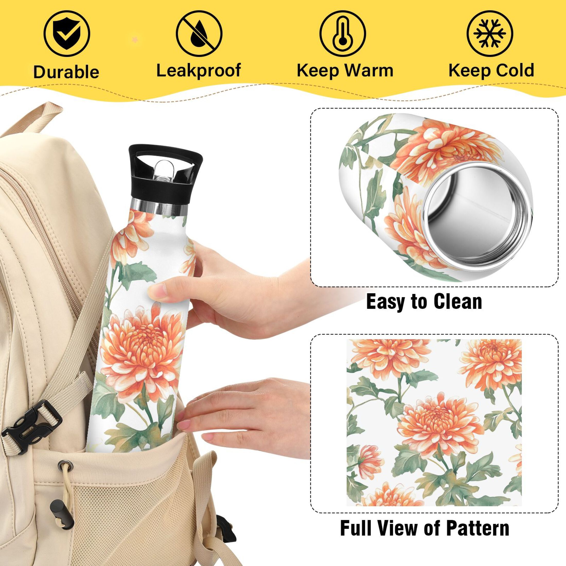 600ML Stainless Steel Insulated Cup Sports Water Bottle Portable Thermos Cup Water Glasses Insulated Tumblers Convenient and Durable Chrysanthemums Orange