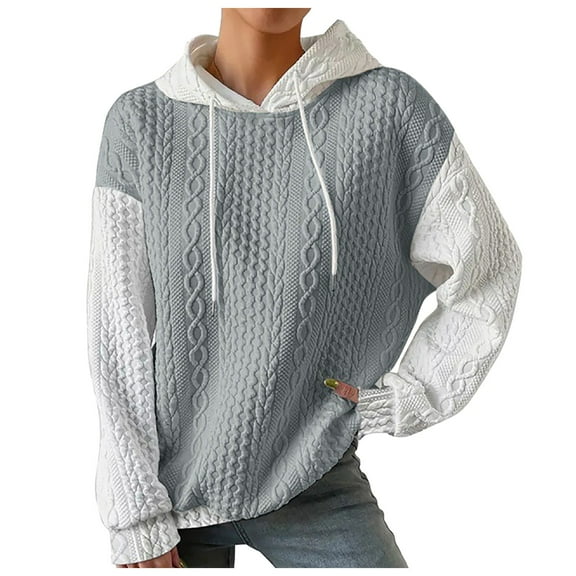 Blouse Tunics for Womens Fall Winter Comfy Hooded Long-sleeved Blouson Off the Shoulder with Pocket Colorblock Hoodie Cotton Pullovers Sweatshirts(Grey,XL)