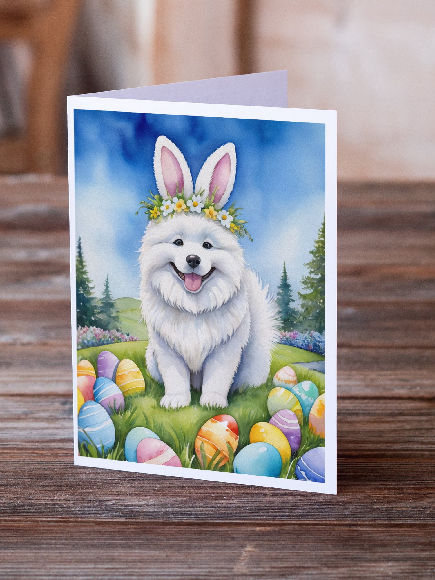 Samoyed Easter Egg Hunt Greeting Cards Pack of 8 7 in x 5 in