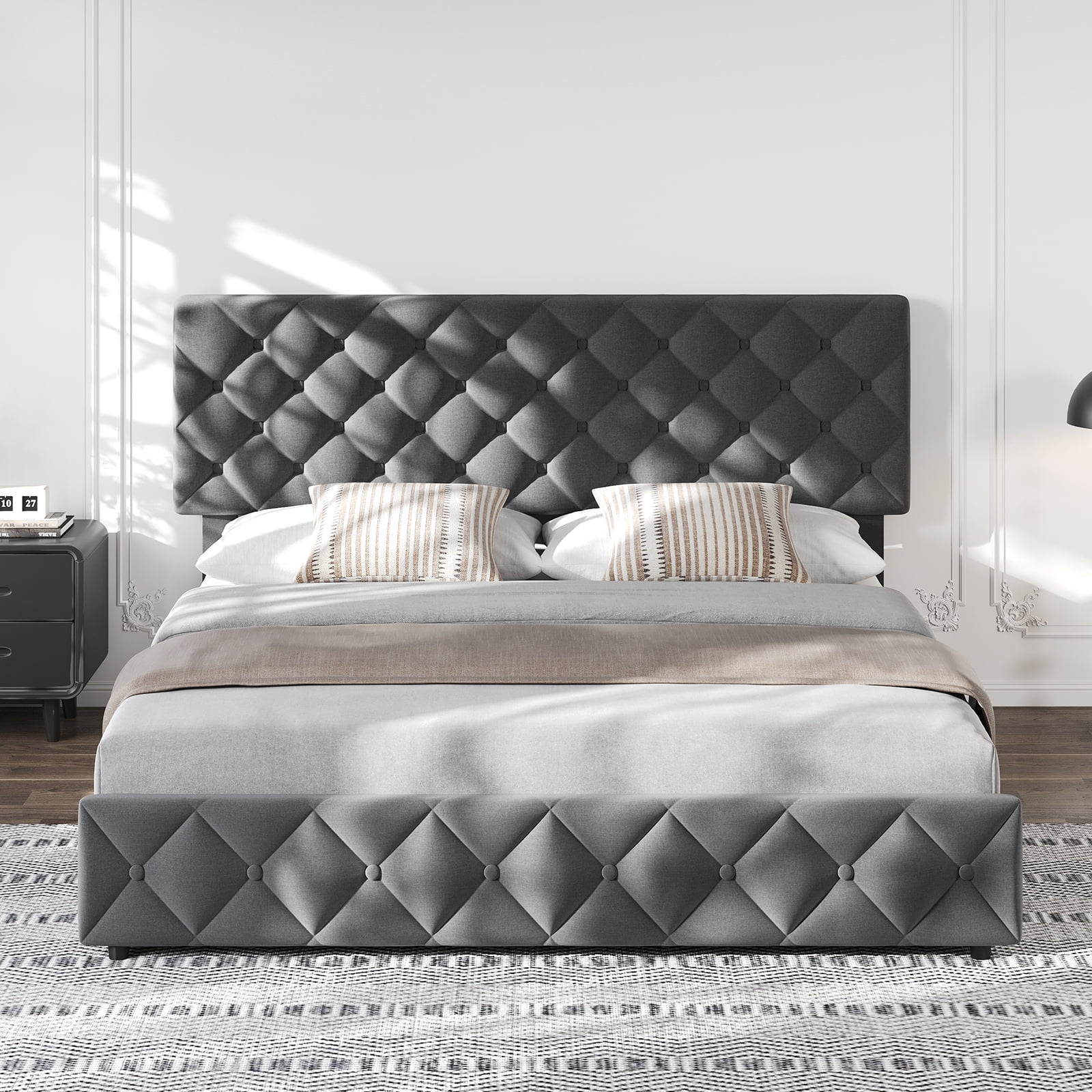 TEQIN Upholstered Queen Bed Frame with 4 Storage Drawers, Diamond Tufted Fabric Platform Bed with Sturdy Support,No Box Spring Needed, Easy Assembly, Noise Free