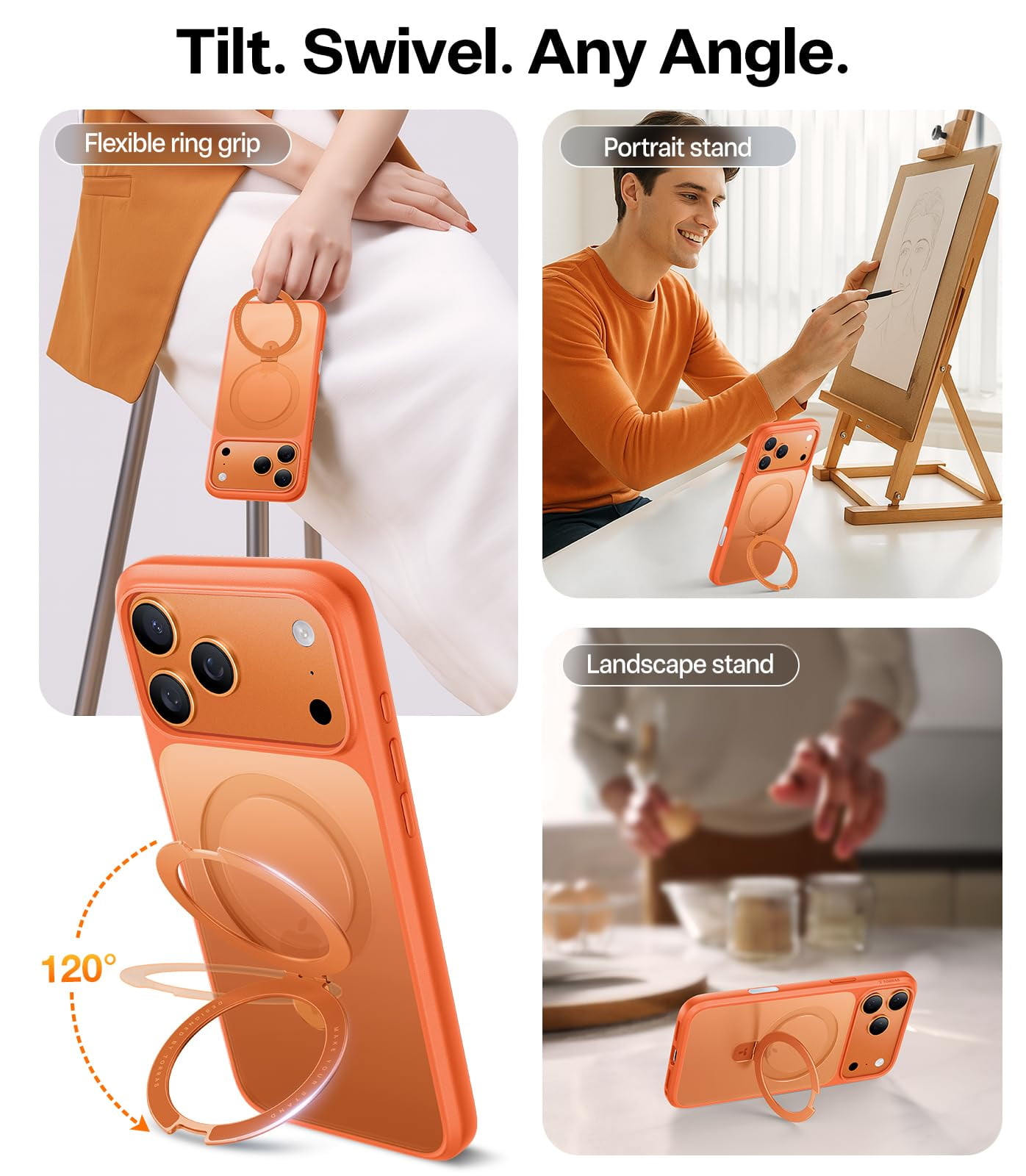 TORRAS Ostand for iPhone 17 Pro Max Case with Sturdy Stand, Camera Control Cover Compatible with MagSafe, Military Grade Protection, Translucent Slim Phone Case for iPhone 17 Pro Max 6.9", Orange