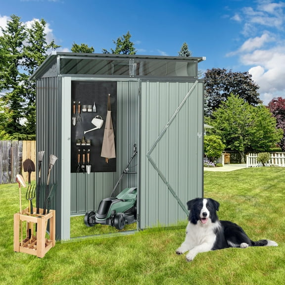 Kosynda 5' x 3' Outdoor Storage Shed with Transparent Plate, Galvanized Metal Tool Storage House with Sliding Door for Garden, Lawn, Backyard, Outdoor, Gray
