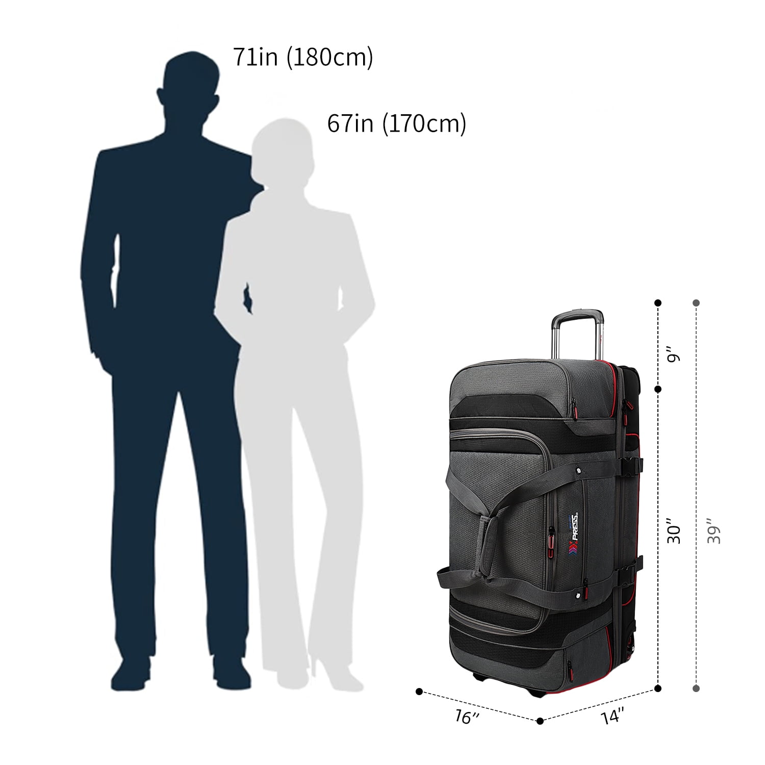 30 Inch Rolling Duffle Bag with Telescopic Handle, Wheeled Duffel Bag with Drop-Bottom,  Large Luggage Bags for Travel, Grey/Red, TBL074
