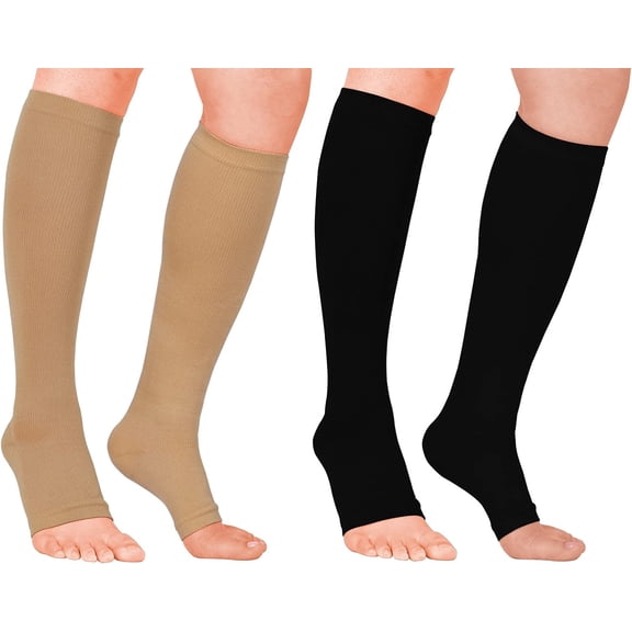 2 Pairs Open Toe Compression Socks for Women & Men Toeless Socks Circulation 15-20 mmHg is Best Support for All Day Wear Beige&Black