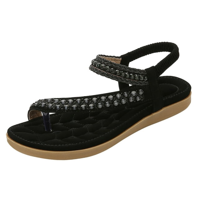 Kcodviy Women Shoes Flat Sandals Clog Sandals for Women Summer Boho Rhinestone Dress Wedge Sandals for Women Shoes Comfort Open Toe Elastic Ankle Strap Strapless Sandals Roman Sandals