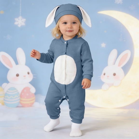 Toddler Summer Outfits Easter Bunny Cute Cartoon Solid Color Jumpsuit With Hat Baby Boys' Clothing Sets Blue 0 Months-3 Months