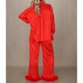 thumbnail image 6 of HUJlwoi 2 Piece Pajama Sets for Women Long Sleeve Tops and Fuzzy Trim Pants Lounge Pj Sets Solid Color Soft Sleepwear Ladies Nightwear, 6 of 6