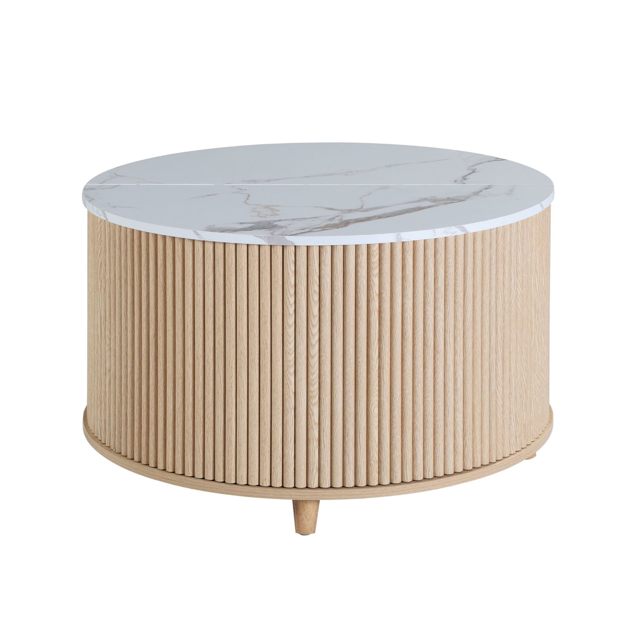 GDF Studio 31.5" Modern Round Fluted Coffee Table with Hidden Storage, White Marble+Light Oak