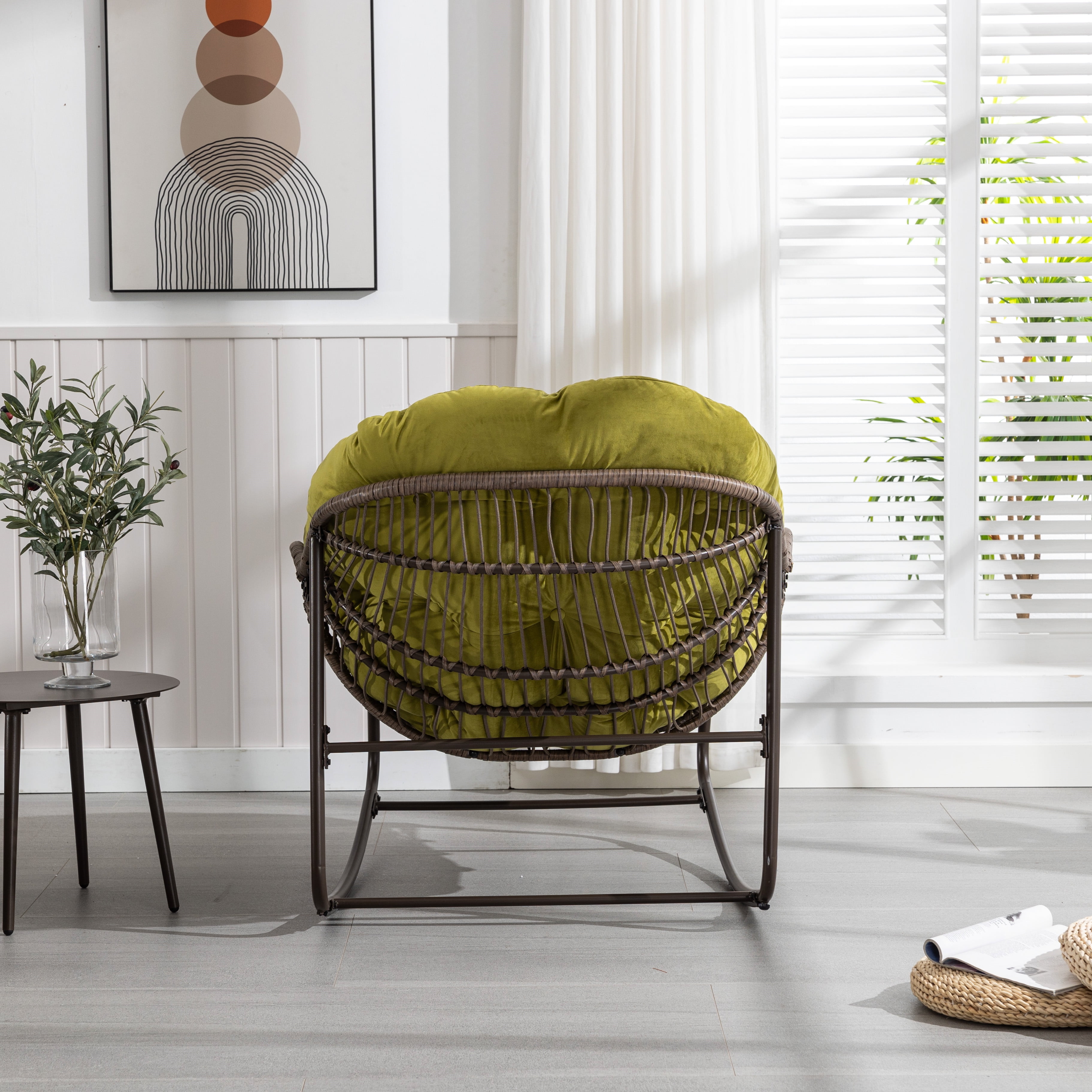MOONMISS Rattan Rocking Chair, Indoor & Outdoor Comfy Rocker Chair with Thick Cushion, Modern Lounge Chair for Balcony, Porch, Garden, Backyard, Deck, Olive