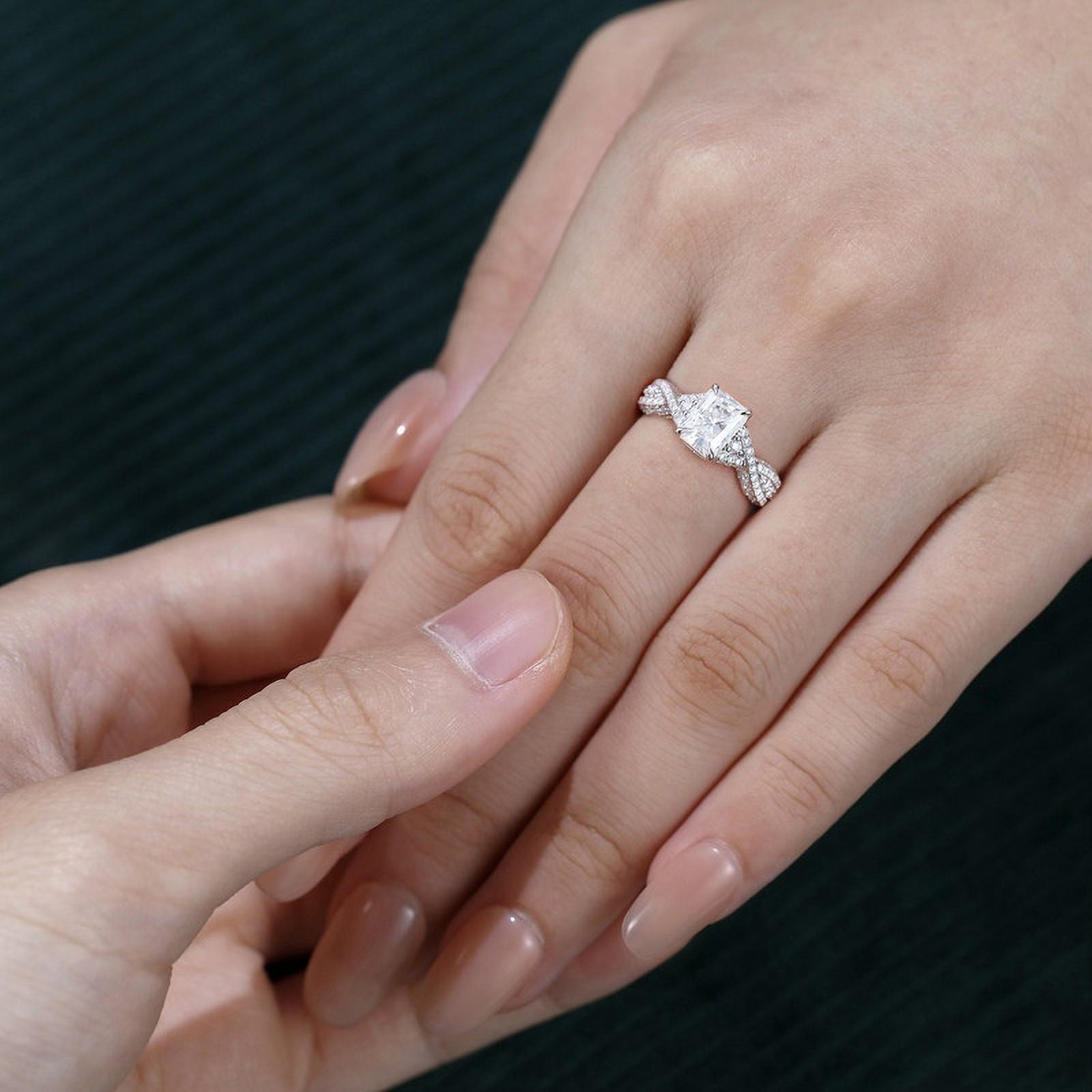 Spot Jewel Radiant Cut Excellent 1.9 Ct Diamond Ring for Women - Silver 14K White Gold Plated Ring - 3 Stone Diamond Rings for Women - Twisted Cross Over Shank Engagement Rings - Elegant Jewelry
