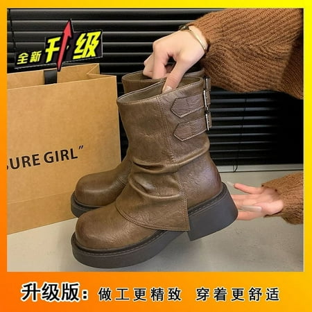 

Retro Maillard Chunky Heel All-Matching Slimming Pantyhose Boots Brown Thick Sole Martin Boots for Women 2024 Autumn New