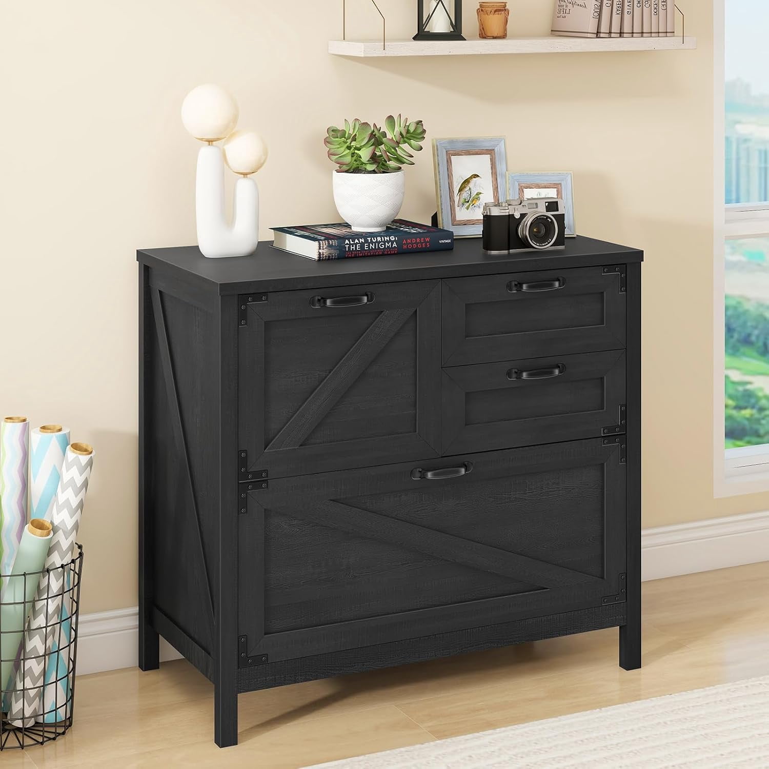 Vabches Lateral File Cabinet with 4 Drawers, Farmhouse Large Wood File Storage Cabinets Printer Stand for Home Office Cabinet