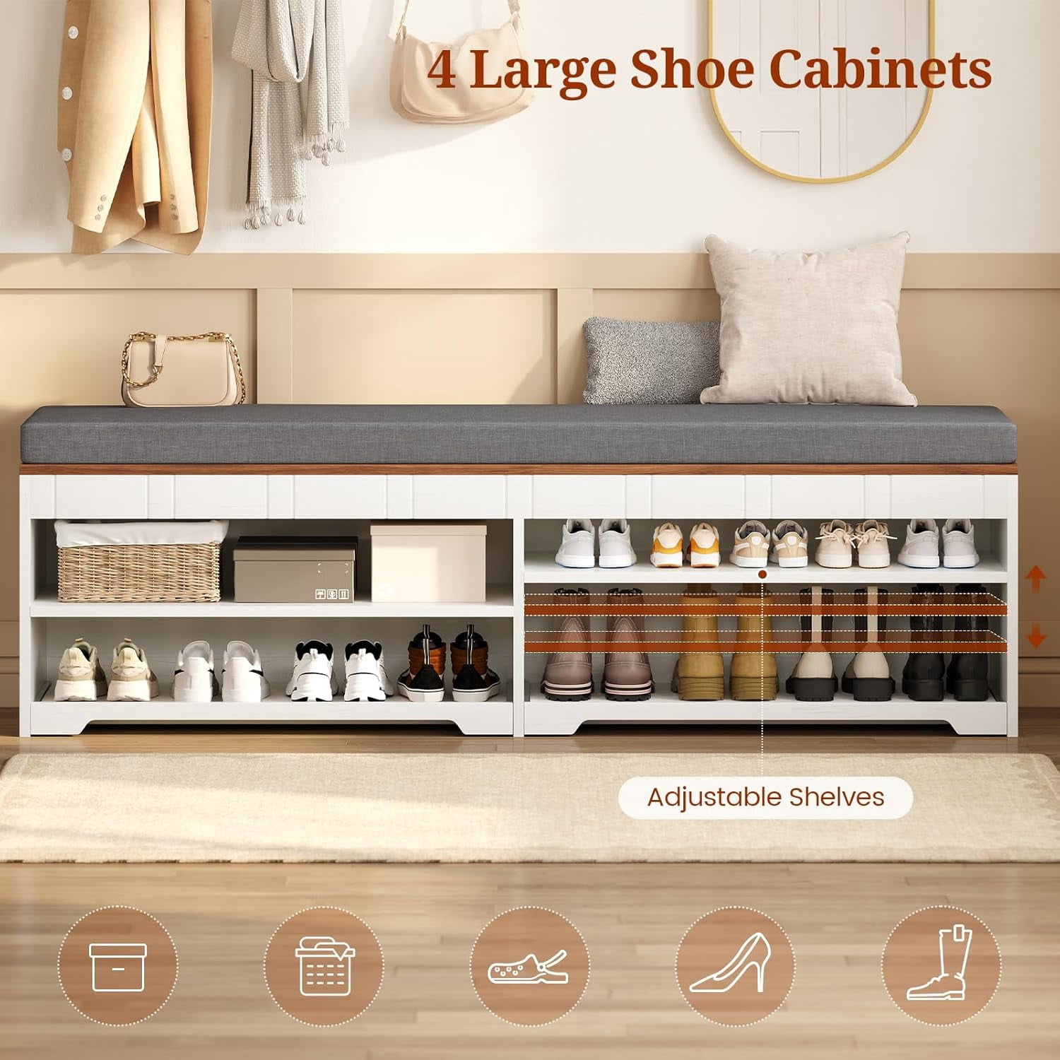 60" Farmhouse 2-Tier Storage Bench, Shoe Bench With Pull-Out Shoe Rack Organizer, Lift-Top Storage And Adjustable Shelf, Entryway Bench & End Of Bed For Entryway, Bedroom, Living Room, White