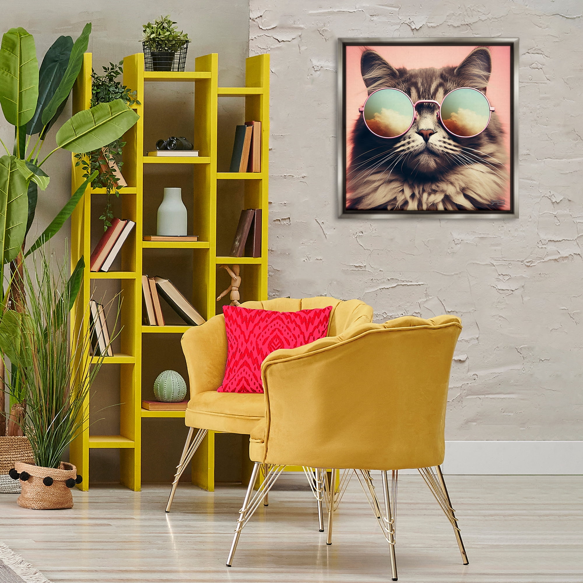 Stupell Industries Cat & Cloud Reflection Glasses Animals & Insects Painting Gray Floater Framed Canvas Art Print Wall Art, 25 x 25