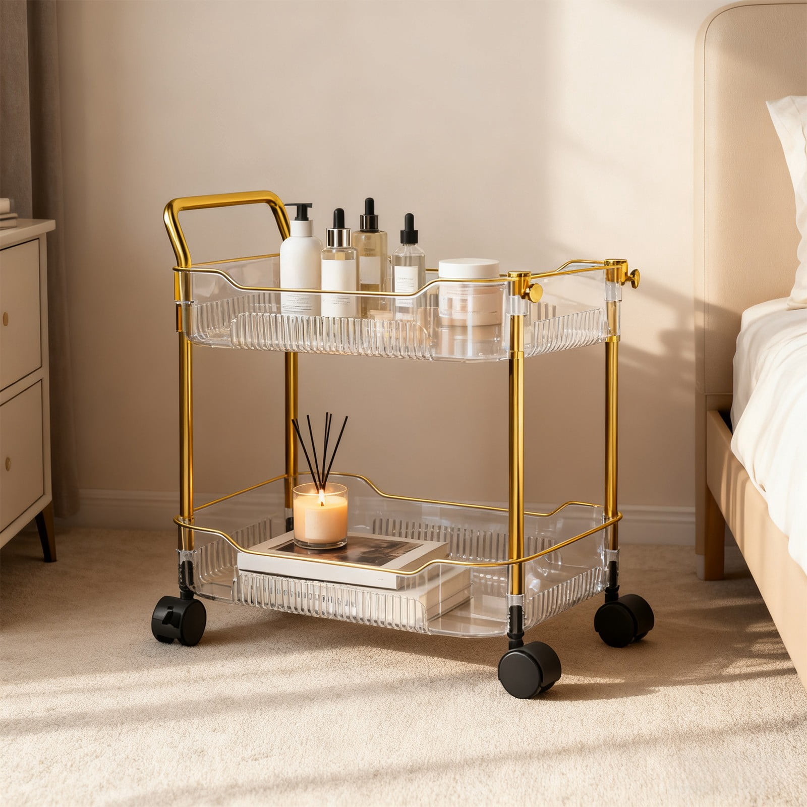 2-Tier Rolling Cart with Locking Wheels | Transparent Plastic Storage Organizer for Kitchen, Office, Bedroom | 43x35x26cm