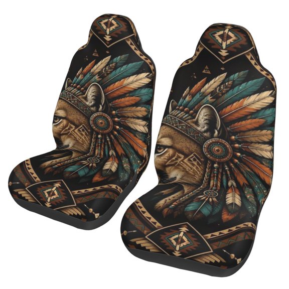 Western Folk Art Cougar Print Car Seat Cover 2 Pcs Auto Front Bucket Seats Protector Cushion Universal Vehicle Truck SUV