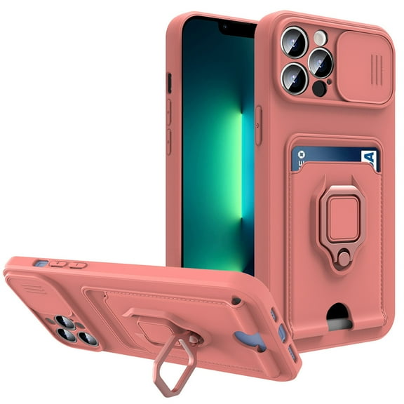 Heavy Duty Case for iPhone 14, Camera Lens Sliding Soft Silicone Shockproof Protective Cover with Card Holder Kickstand Rotated Ring Magnetic Car Mount Soft Lining Case, Pink