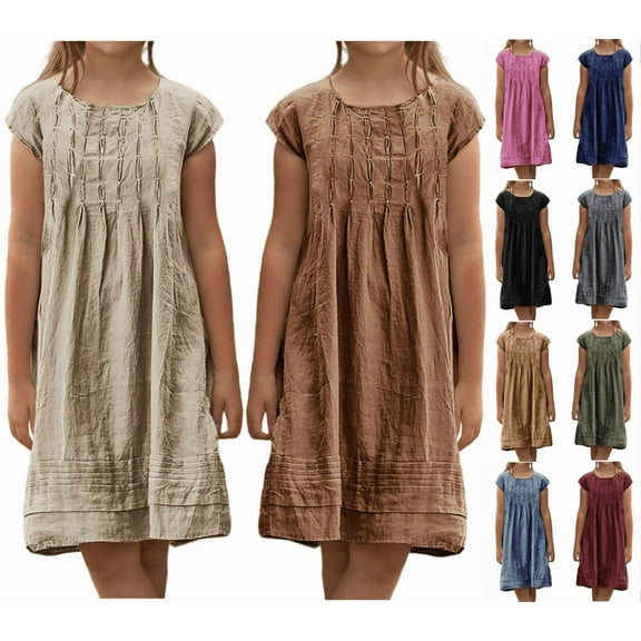 MKOSPLRT Cotton Linen Dresses for Girl 2025 Summer Casual A Line Flowy Dress Short Sleeve Crewneck Plaeated Midi Dress Beach Vacation Gauze Dress