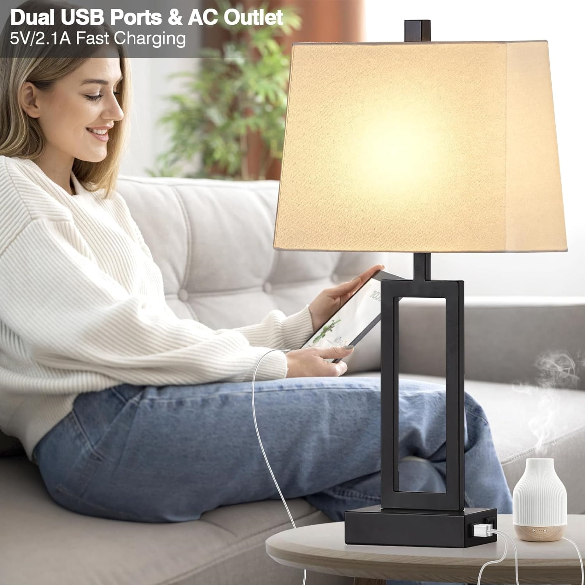 Cinkeda 3 Way Dimmable Touch Table Lamp Set of 2 with USB Ports AC Outlet Modern Rectangle Nightstand Bedside Lamps for Living Room Bedroom