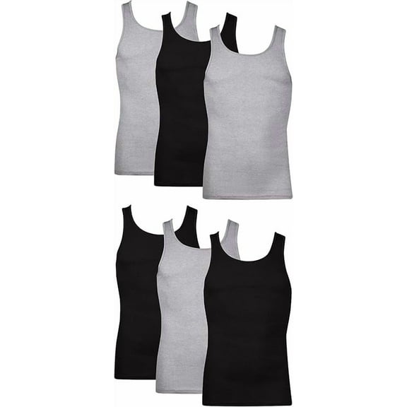 Hanes Men's Lightweight Cotton Moisture-Wicking Tank Undershirts, Black & Grey, 6-Pack, Size: Large