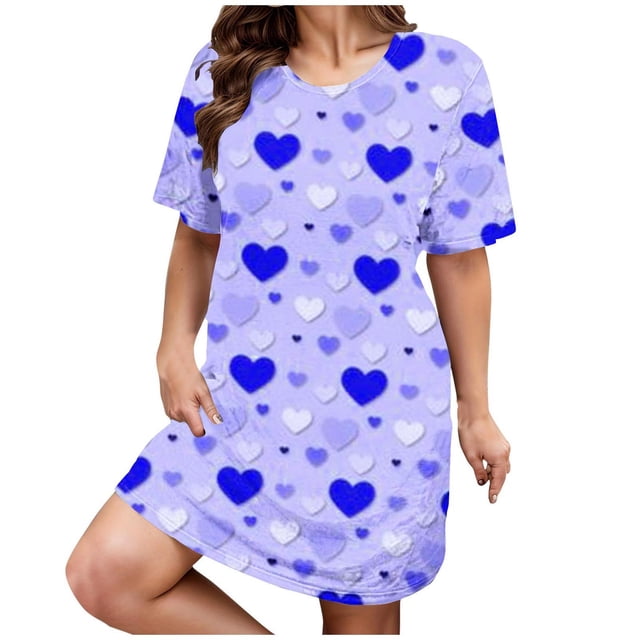 Chemises de Nuit et Vêtements de Nuit pour Femmes Adultes, Robe de Nuit Grande Taille avec Cœur, Manches Courtes, Col Rond, Mi-Longue et Ample, Bleu TG-5TG,