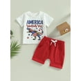 thumbnail image 2 of Wassery Kids Boys Girls Short Sets 2Pcs 4th of July Toddle Independence Day Outfits Dinosaur Print Short Sleeve Crew Neck T-shirt and Solid/Striped Shorts Summer Casual Clothes 0-3T, 2 of 8