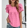 thumbnail image 4 of Women Round Neck Top Pleated Neckline Short Petal Sleeves Jacquard Fabric Casual Summer T Shirt Rose Red S, 4 of 8
