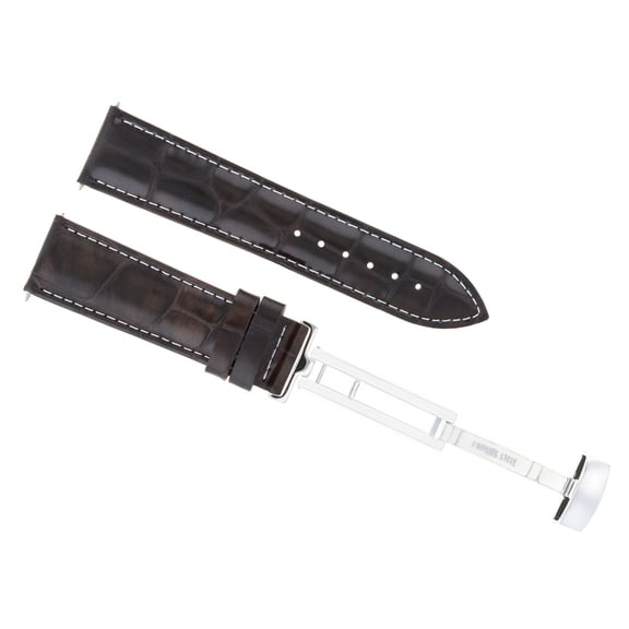 17mm Leather Watch Band Strap With Deployment Buckle Clasp, Dark Brown with White Stitching, Polished Silver Buckle, Compatible With Omega Watch Brown