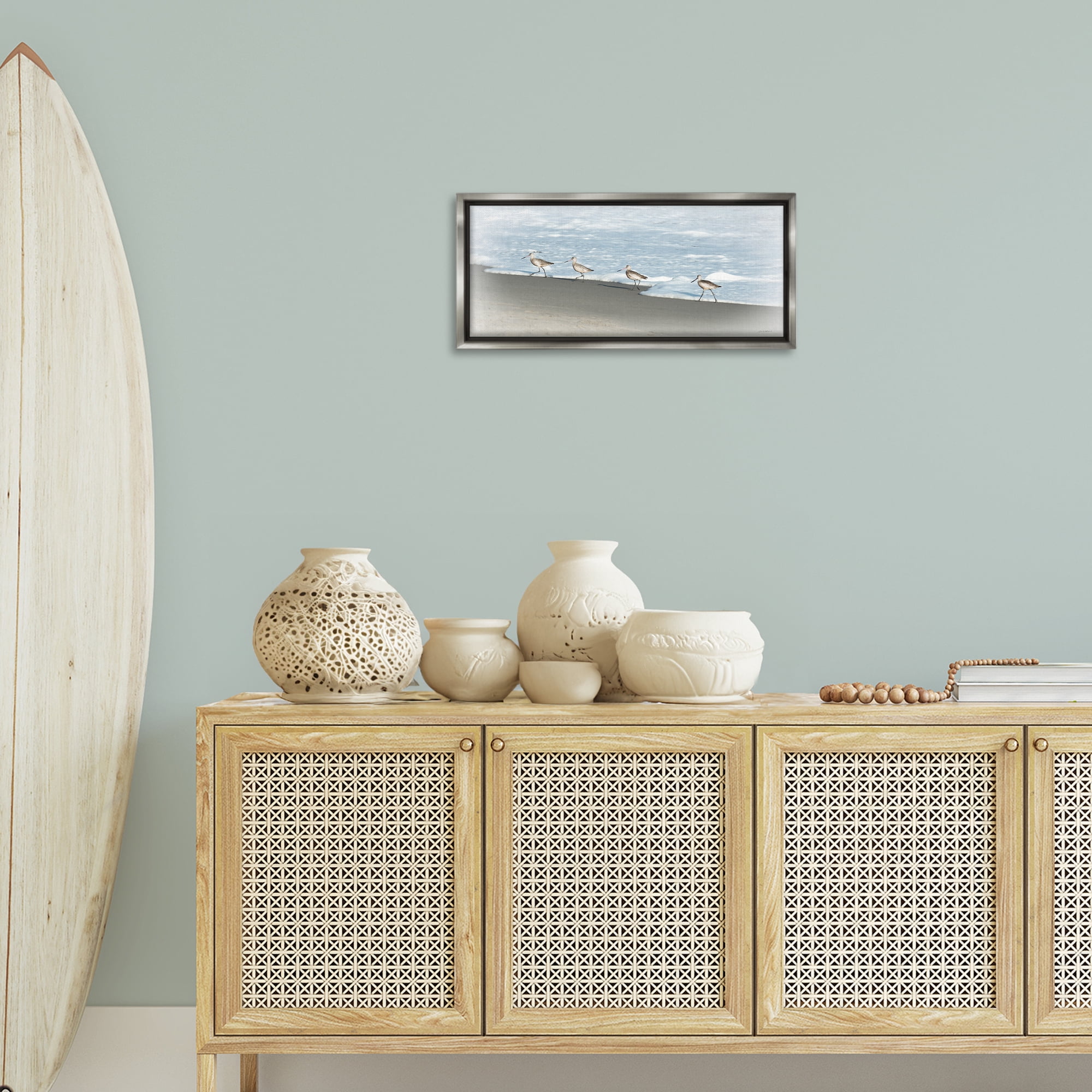 Stupell Industries Four Sandpipers on Beach Nautical & Beach Painting Gray Floater Framed Canvas Art Print Wall Art, 25 x 11