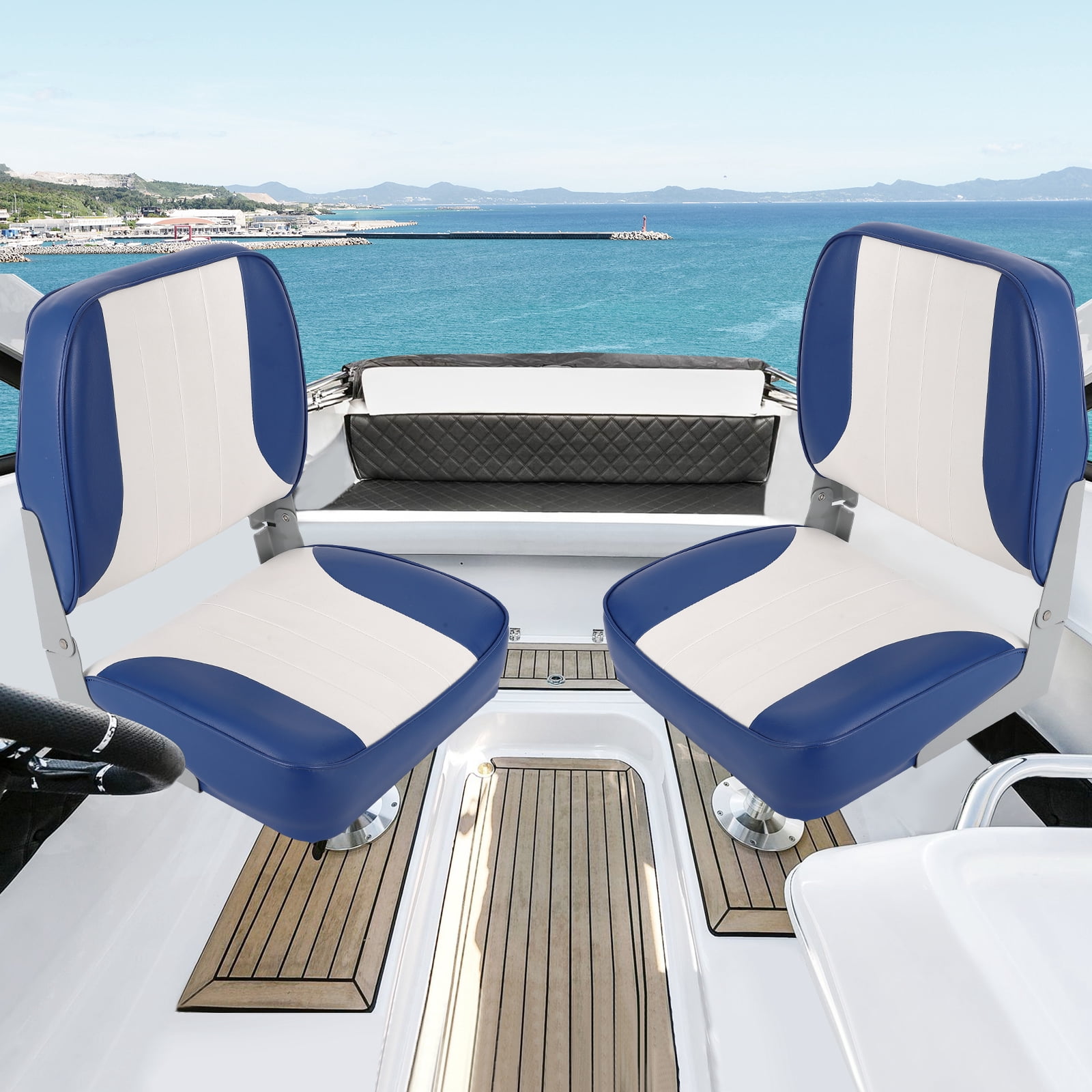 Kicctian 2 Pack High Back Folding Boat Seats with Thick Sponge Padding, Hinge & Fold-Down Design for Speedboat, Canoe or Sightseeing Boats,Blue+White