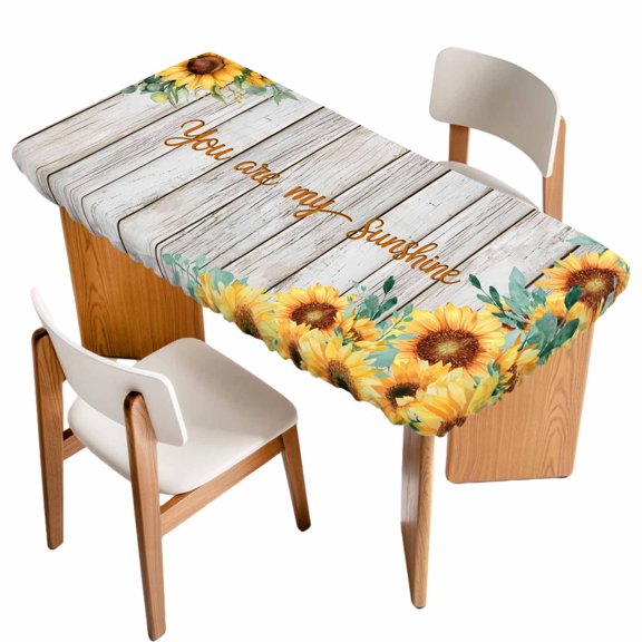 Sunflower Table Cloths for 3 Foot Rectangle Tables, Summer Botanical Elegant Floral Wooden Patio Waterproof Elastic Fitted Tablecloths, Washable Rectangular Table Cover for Camping