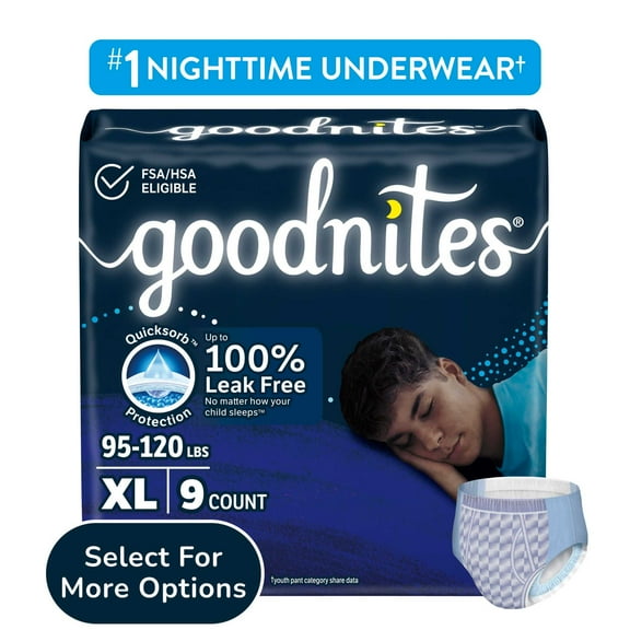 Goodnites Boys Nighttime Bedwetting Underwear, XL (95-120 lbs), 9 Count (Select for More)