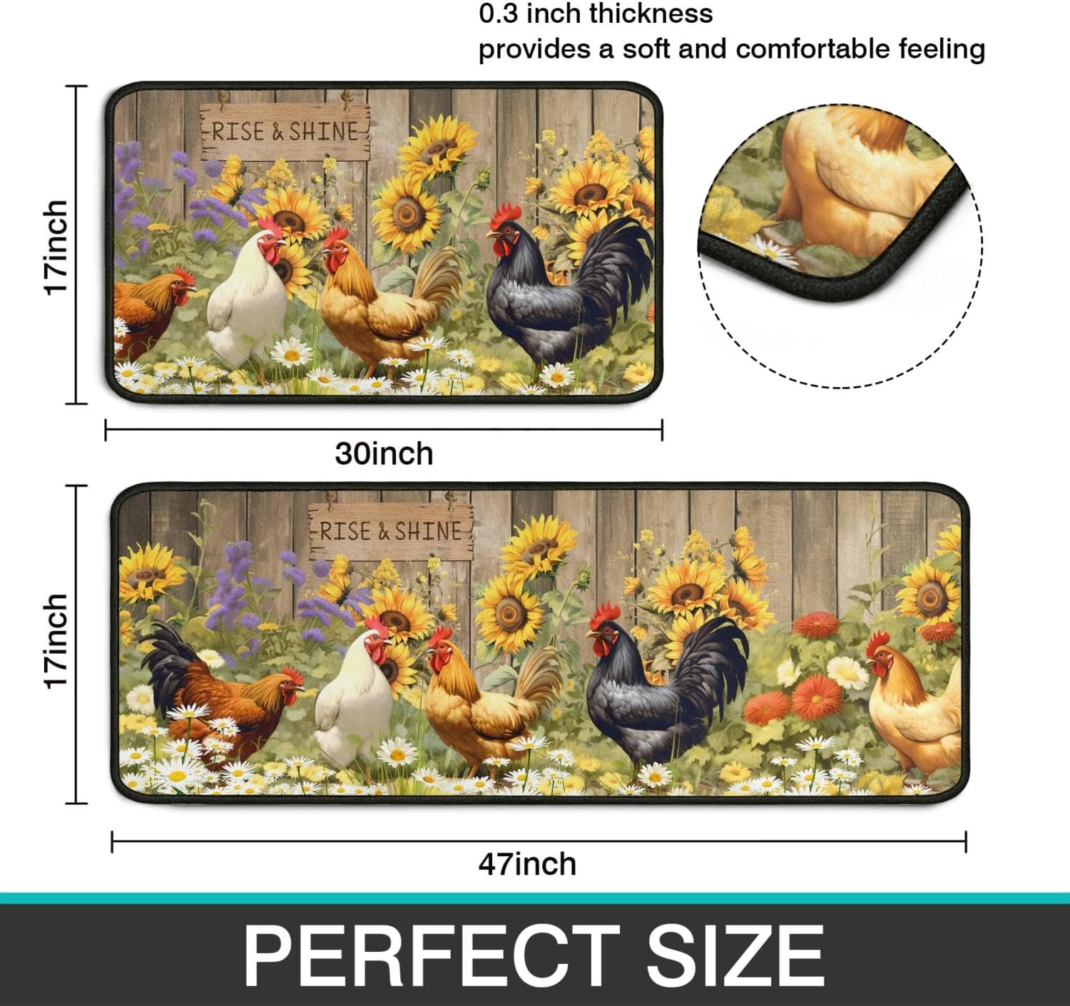 Rooster Theme Kitchen Rug 2 Piece Set, Farmhouse Sunflower Kitchen Decor Floor Mat, Absorbent and Non-Slip Washable Chicken Runner Rug 17"x47"+17"x30" (Rooster 6, 17"x47"+17"x30")