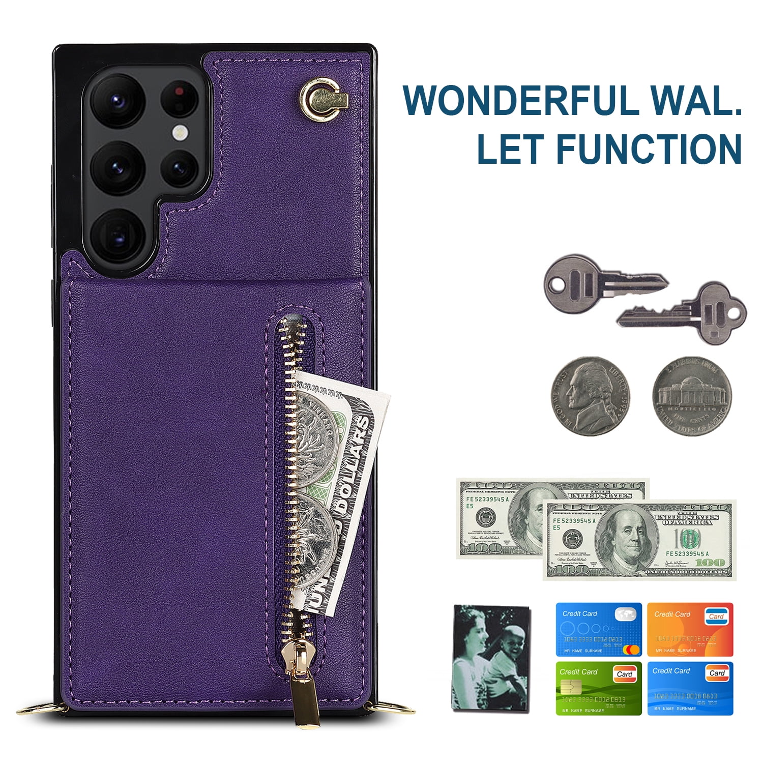 Dteck Flip Leather Wallet Case for Samsung Galaxy S24 Ultra, Crossbody Wallet Case with Credit Card Holder Zipper Pocket Lanyard Shoulder Strap, Kickstand Phone Cover for Samsung S24 Ultra,Purple