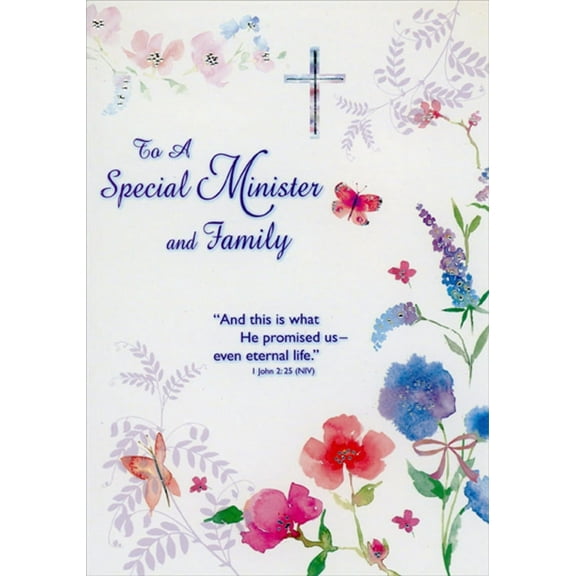 Designer Greetings Butterflies, Pink, Red and Blue Flowers on White Religious Easter Card for Minister and Family