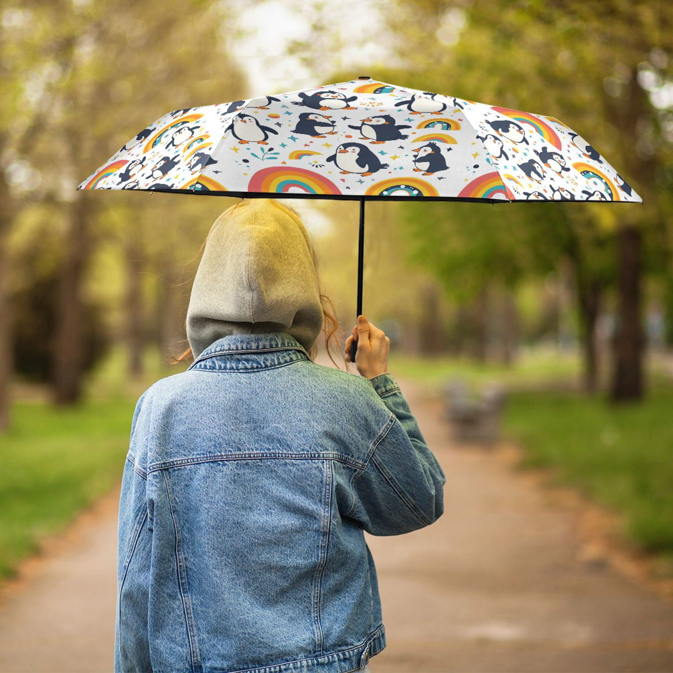 Cartoon Penguins and Rainbow Compact Sun Umbrella Windproof Travel Umbrellas for Rain Strong Portable UV Protection