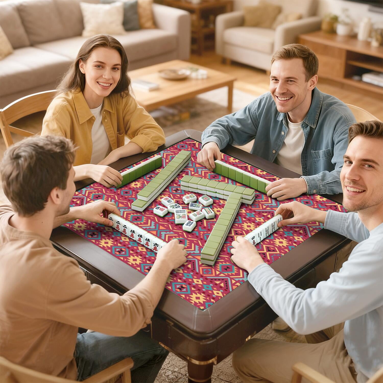 Extra Large Boho Pattern Anti-Slip Playing Surface 31.5 Inch Square Rubber Mahjong Mat with Noise Reduction for Chinese Tiles and Family Game Nights