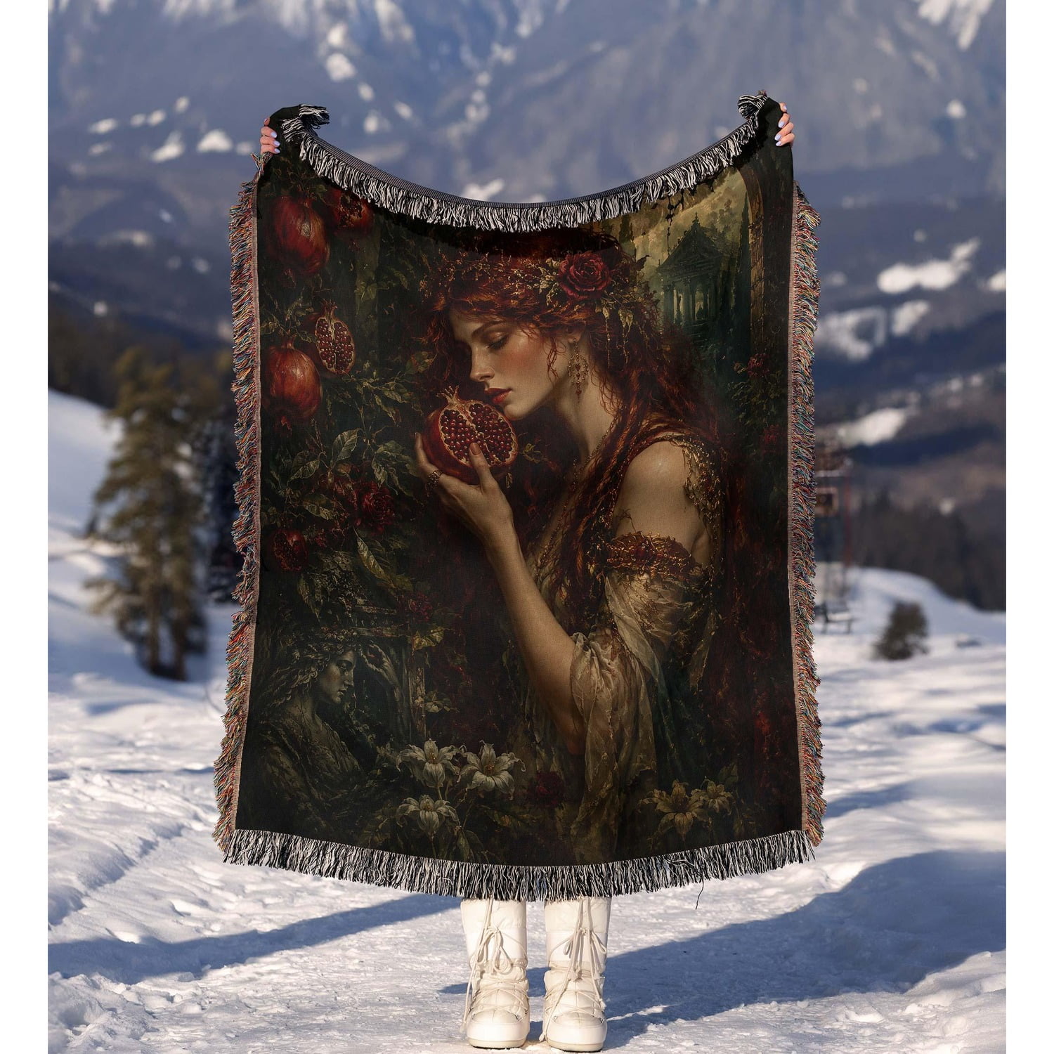 Fantasy Persephone Goddess Woven Throw Blanket 100% Cotton with Fringed Edges 60 x 50 in Home Decor