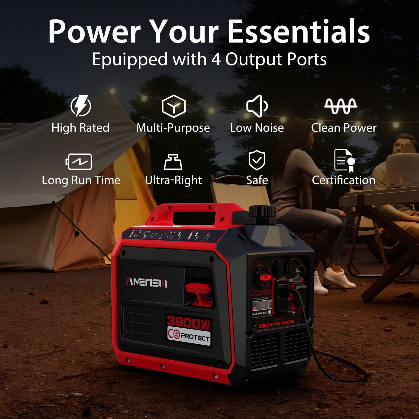 Amerisun 3800W RV-Ready for Camping & Home Backup Portable Quiet Manual Start Gas Inverter Generator