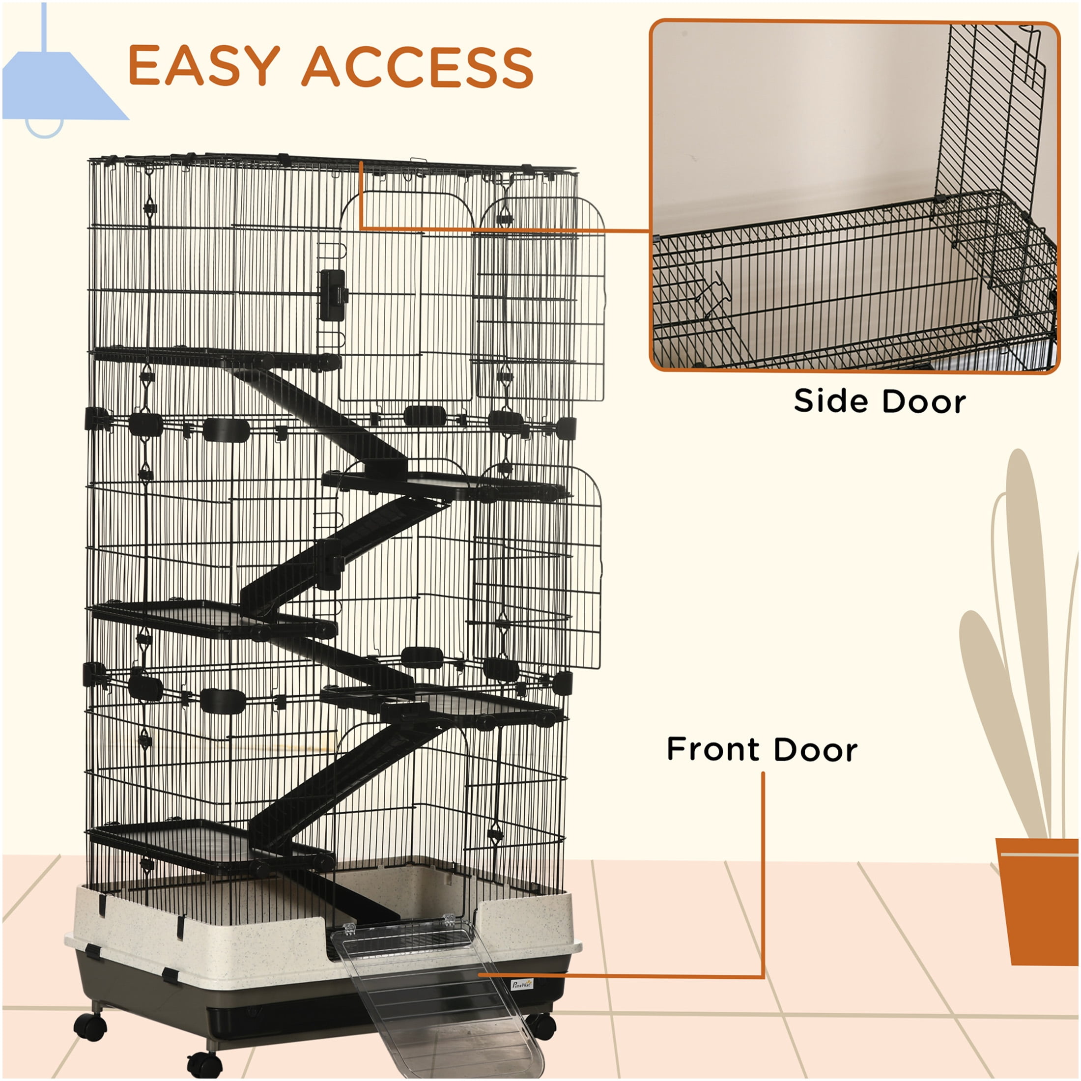 JERFIT 6-Tier Small Animal Cage with Wheels, Portable Metal Hutch for Rabbit Bunny Chinchilla Ferret with Security Brake, Deep Base, Ramps & Platforms