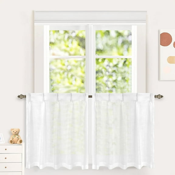 DriftAway Pinch Pleat Kitchen Curtains Linen Textured Short Linen Drapes for Small Window Bathroom Laundry Room 2 Panels Cafe Curtains Back Tabs Farmhouse Rustic Drapes 30 x 36 Inches Birch White