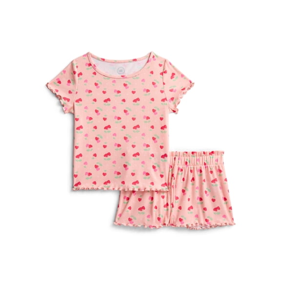 Wonder Nation Girls Ribbed Short Sleeve Top and Shorts Pajama Set, 2-Piece, Sizes 4-18