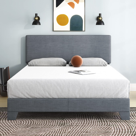Einfach Full Upholstered Platform Bed Frame with Adjustable Headboard  Light Grey
