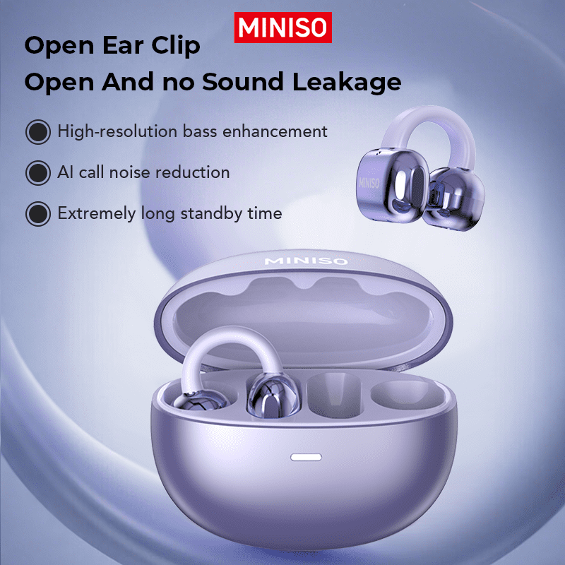 Miniso MS198 Clip-On Earbuds, Open-Ear Headphones, AI Translator 130+ Languages, Bluetooth 5.4, IPX5 Waterproof, Type-C Fast Charge, Purple