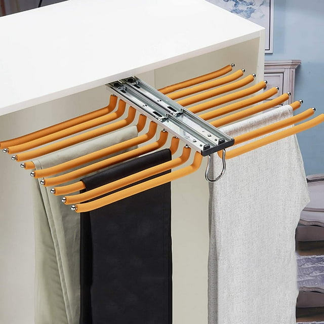 Pull-Out Trousers Rack Drawer,Pants Hangers,Multi Functional Pants Rack,Space Saving,Easy Installation,Non-Slip,Can Store 18 Pairs of Pants (Orange)