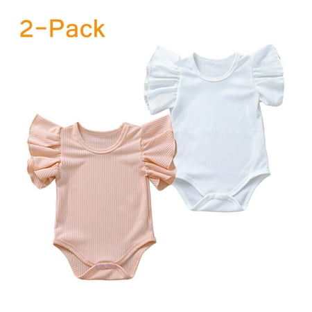 

2 Pack Baby Girls Puff Sleeve Rib Knit Romper Bodysuit Tops for Kids 0-18 Months